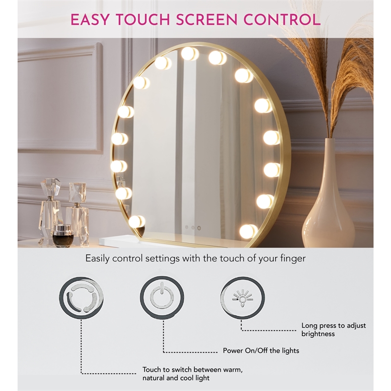 Posh Living Armand Glass Vanity Makeup Mirror with LED Lights in Gold