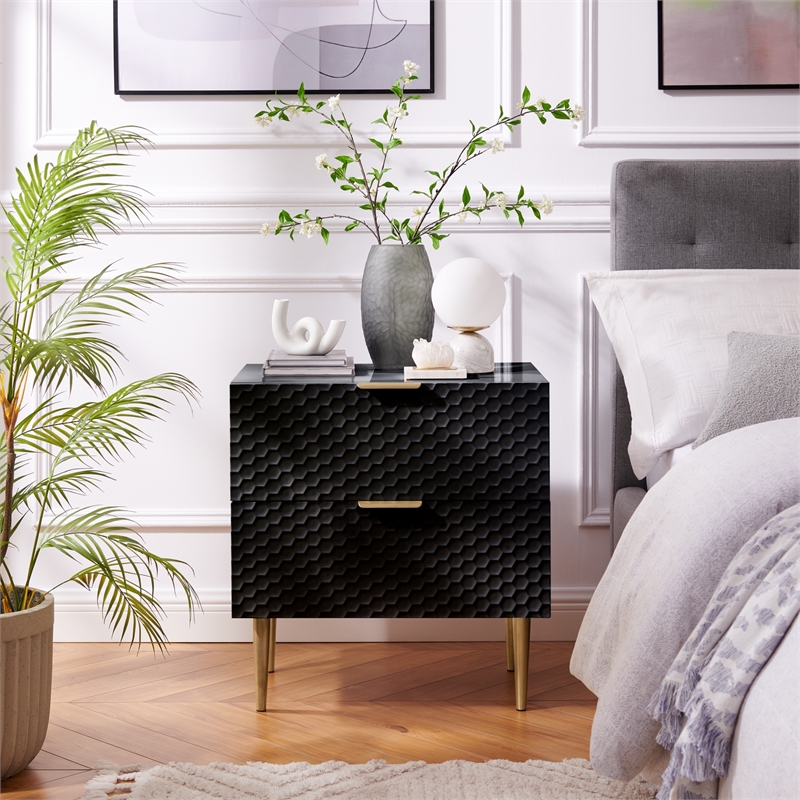 Posh Living Vail Wood Side Table Nightstand in Black/Gold