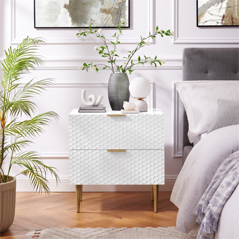 Posh Living Vail Wood Side Table Nightstand in White/Gold