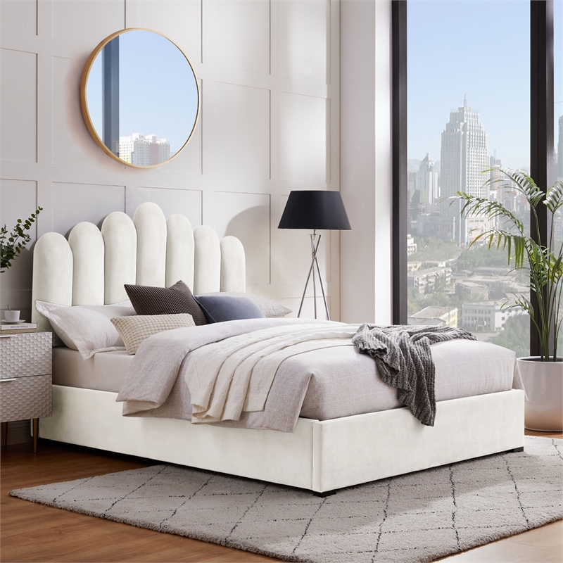 Posh Living Delani Velvet Queen Platform Bed Ivory