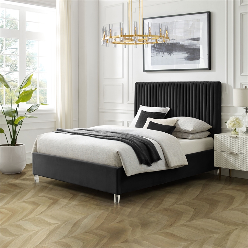 Posh Living Evette Velvet Queen Platform Bed Black