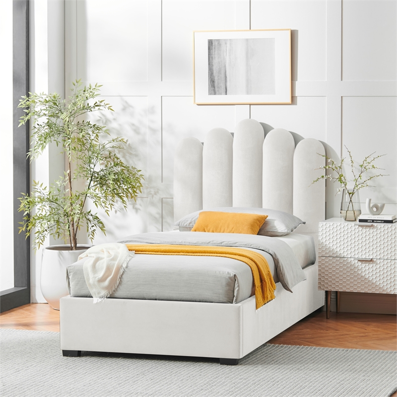 Posh Living Delani Velvet Twin XL Platform Bed Ivory