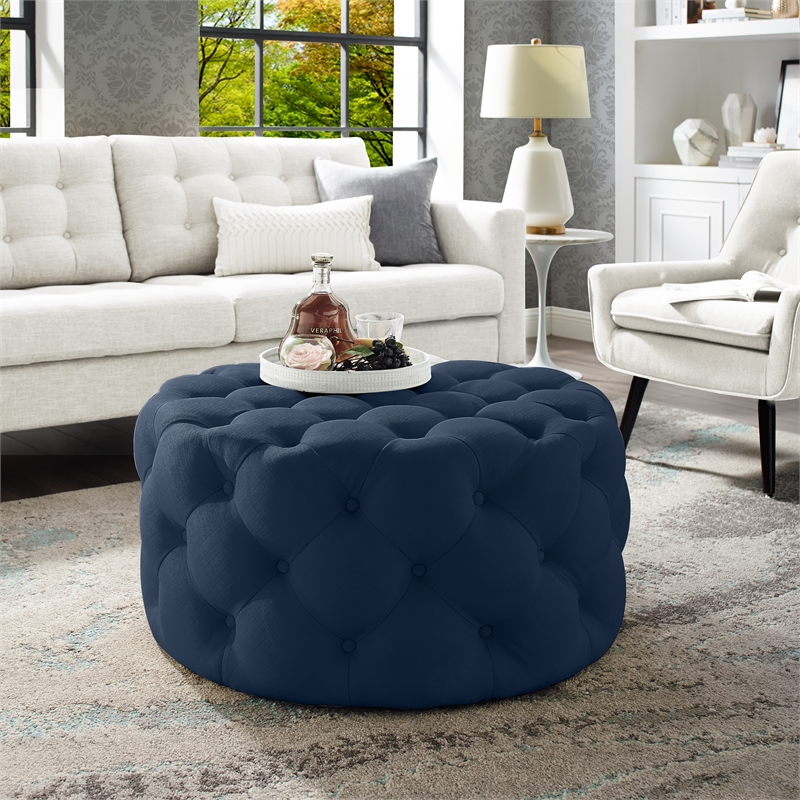 Posh Living Lilou Linen Wood Cocktail Ottoman Navy
