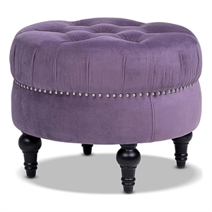 Dawn Tufted Round Ottoman Nailhead Accents Purple Velvet