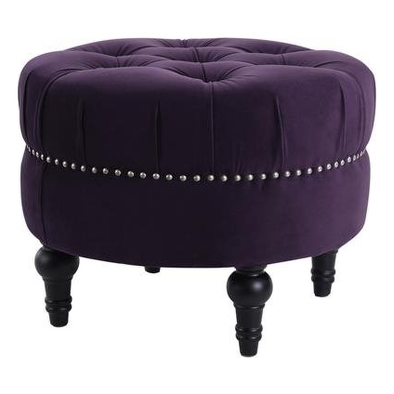 Dawn Tufted Round Ottoman Nailhead Accents Purple Velvet