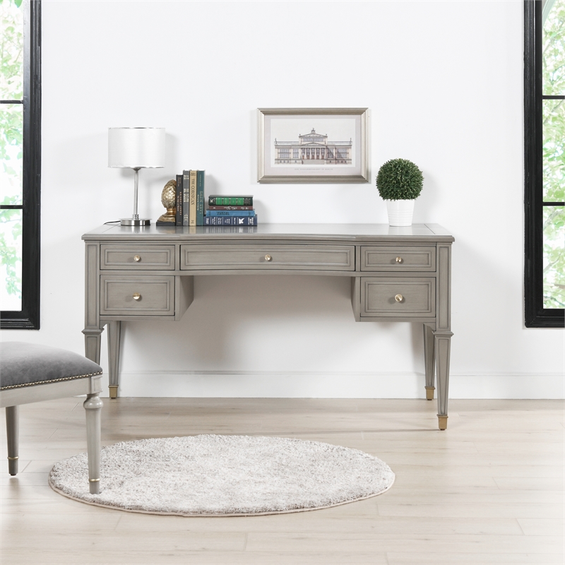Dauphin Gold Accent 5-Drawer Executive Desk Grey Cashmere Rubber Wood & Veneer