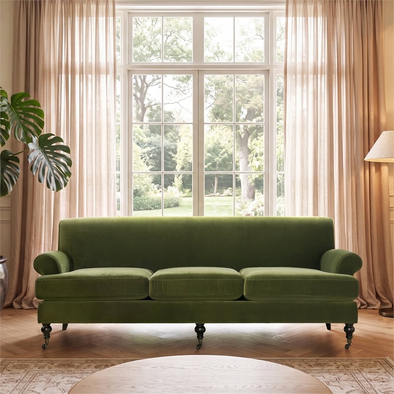 Alana Lawson Recessed Arm Sofa Metal Casters Olive Green