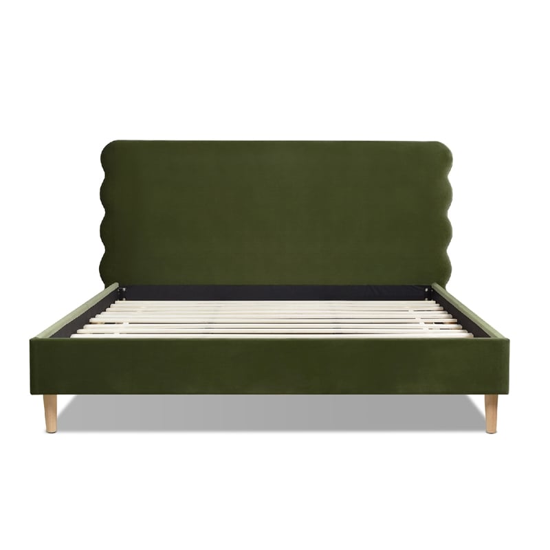 Stockholm Modern Wavy Headboard Platform Bed King Olive Green Performance Velvet
