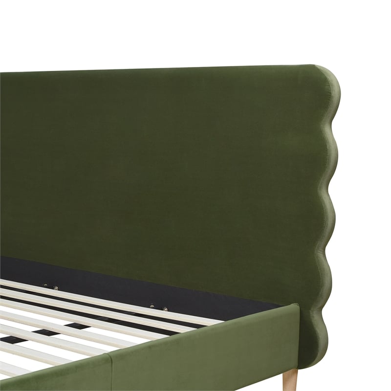 Stockholm Modern Wavy Headboard Platform Bed King Olive Green Performance Velvet