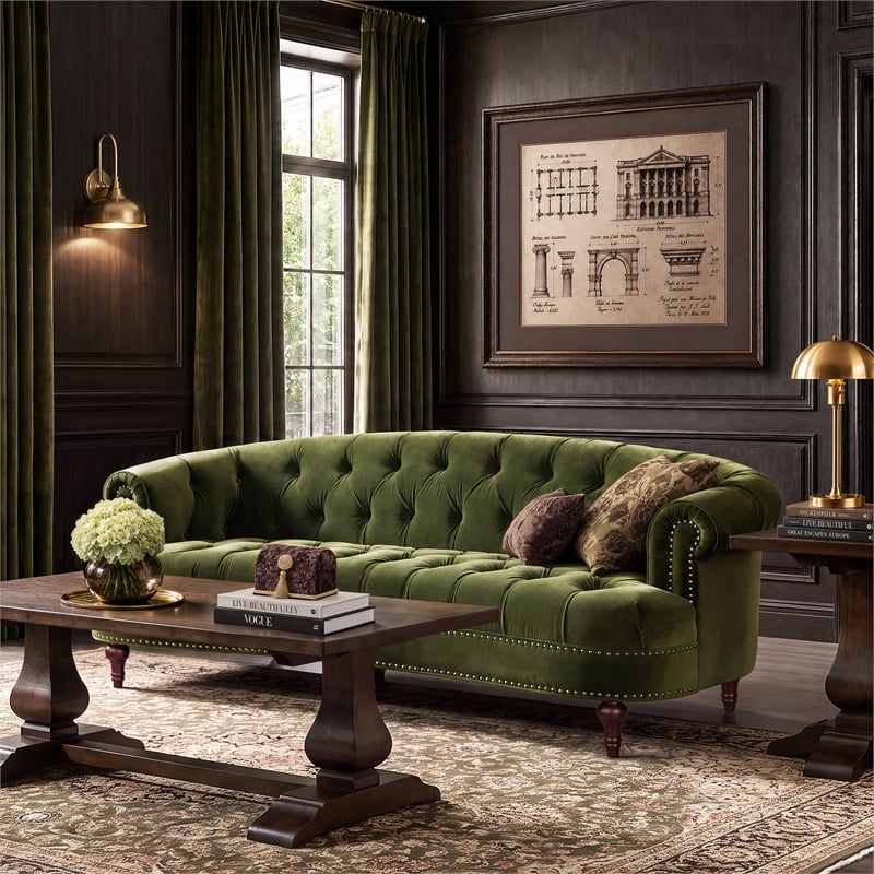 La Rosa Victorian Chesterfield Tufted Sofa Olive Green Performance Velvet