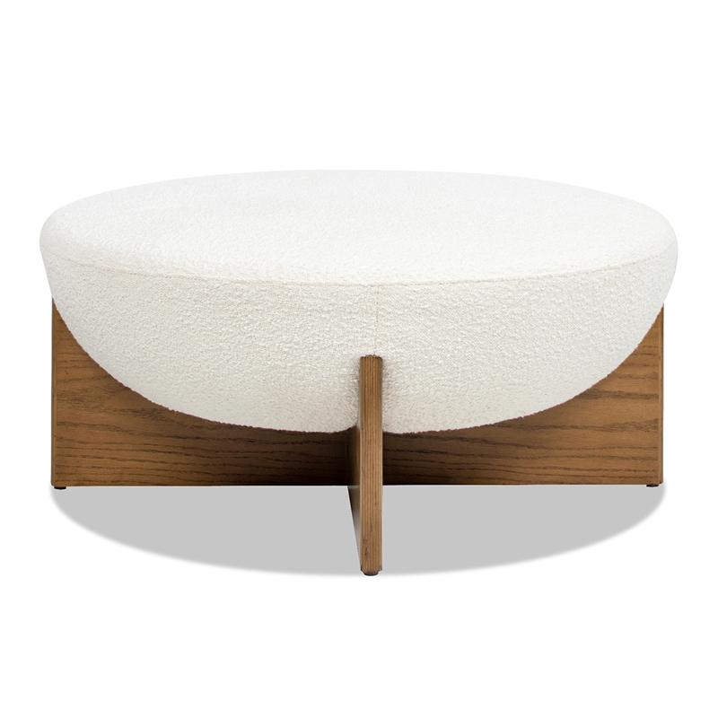 Bali 37 inch Round Upholstered White Cocktail Ottoman with Natural Wood Base