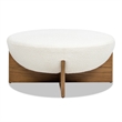 Bali 37 inch Round Upholstered White Cocktail Ottoman with Natural Wood Base