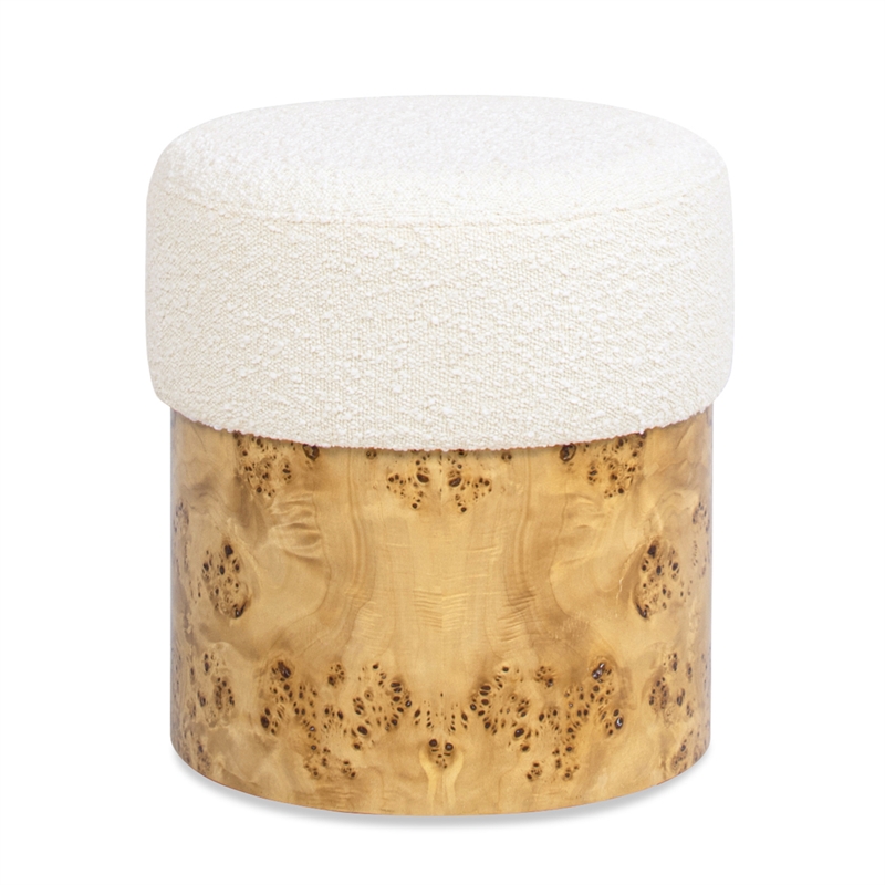 Nebula Round Burl Wood Ivory White Boucle Upholstered Ottoman