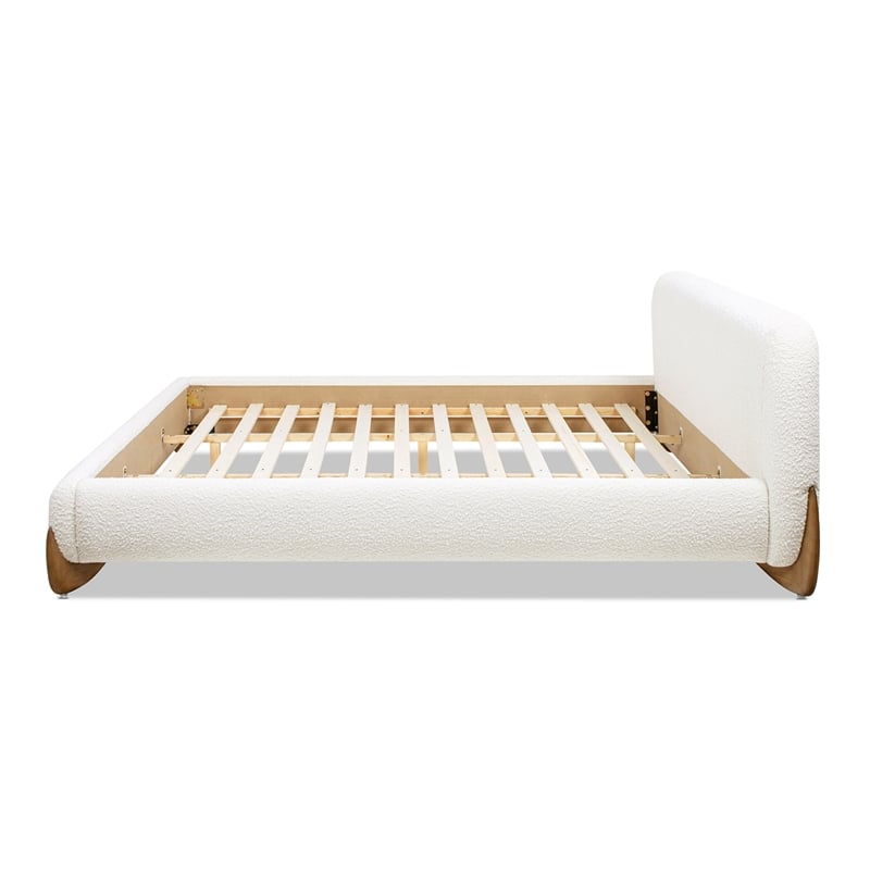 Alpine Puffy Modern Platform Bed King Ivory White Boucle
