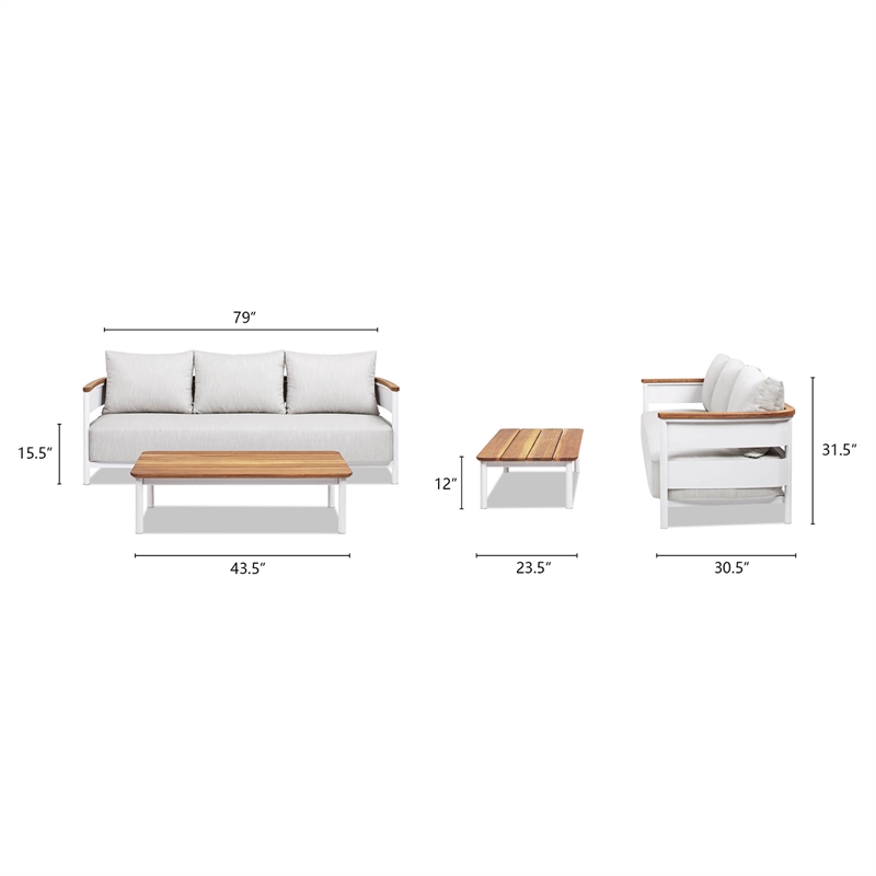 Rhodes 2pc Upholstered Teak & Aluminum Outdoor Sofa and Coffee Table Patio Set