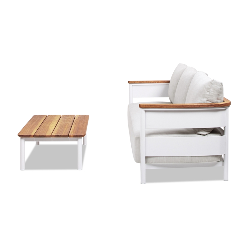 Rhodes 2pc Upholstered Teak & Aluminum Outdoor Sofa and Coffee Table Patio Set