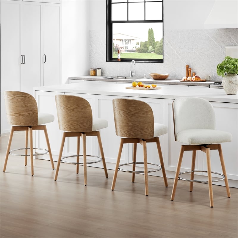 Tomlin Bentwood Upholstered Swivel Counter Stool Set of 2 Off White Boucle