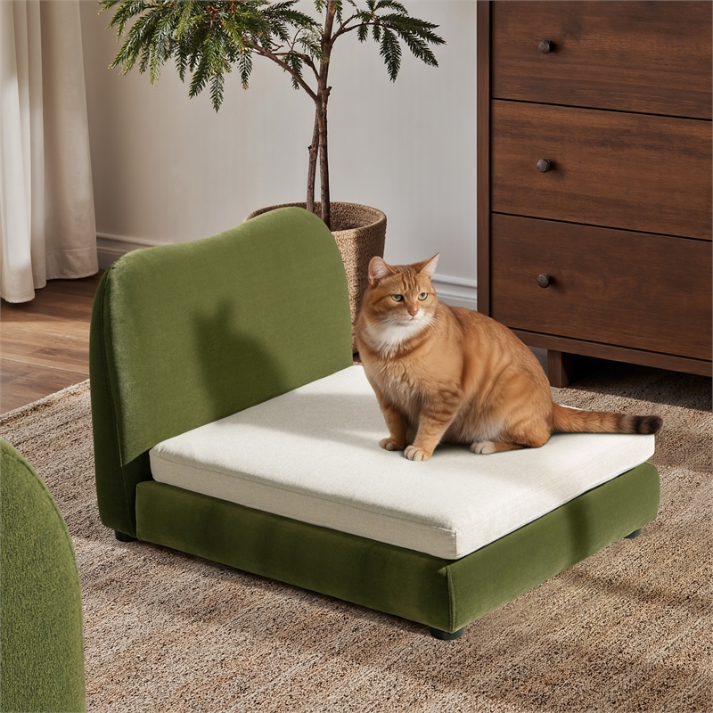 Roman Upholstered Modern Small to Medium Pet Bed Olive Green Performance Velvet