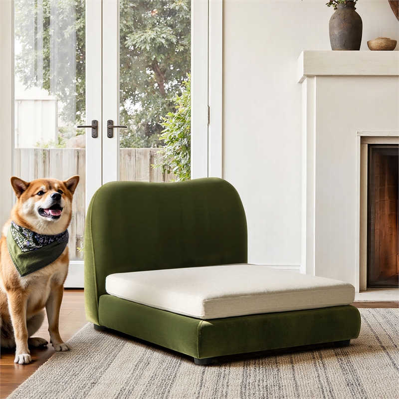 Roman Upholstered Modern Small to Medium Pet Bed Olive Green Performance Velvet