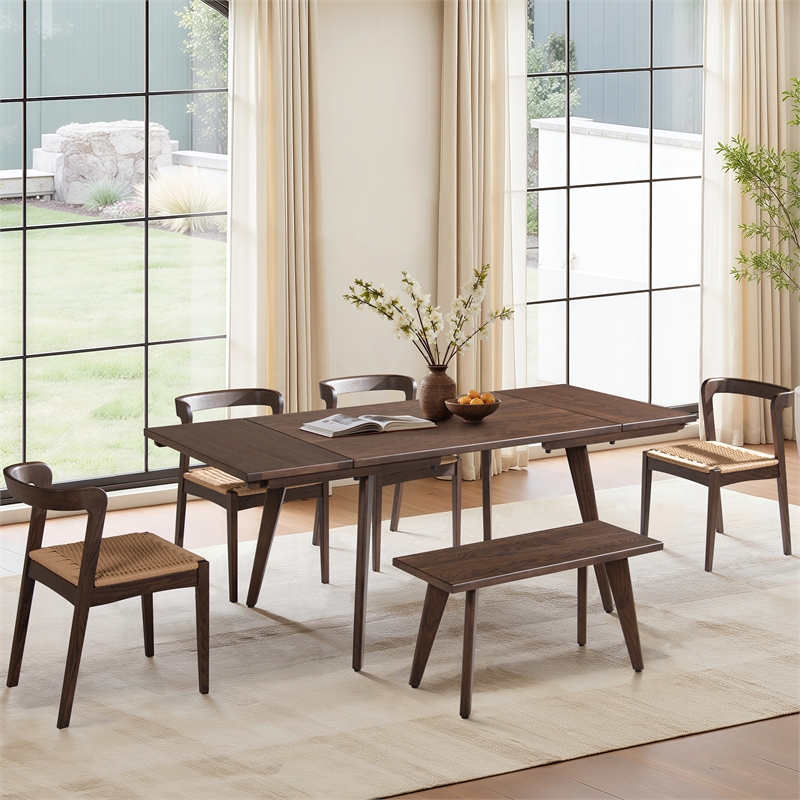 Capri Solid Oak Wood 6-Piece Extendable Leaf Dining Set Dark Brown Red Oak