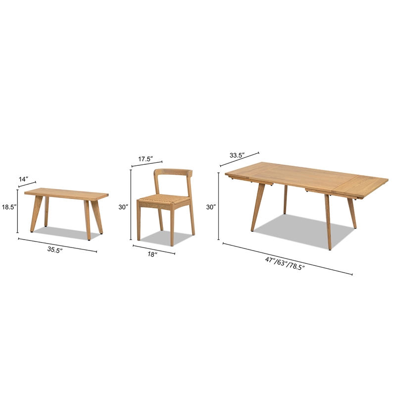 Capri Solid Oak Wood 6-Piece Extendable Leaf Dining Set Natural Brown Red Oak