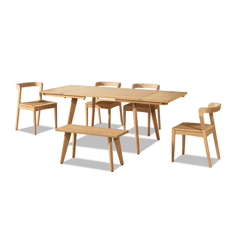 Capri Solid Oak Wood 6-Piece Extendable Leaf Dining Set Natural Brown Red Oak