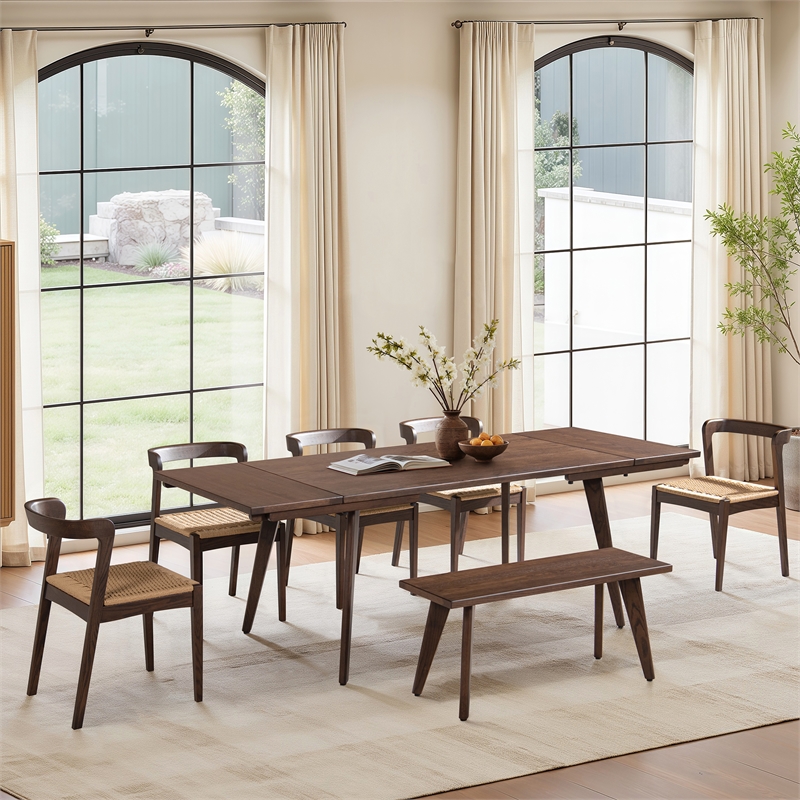Capri Solid Oak Wood 7-Piece Extendable Leaf Dining Set Dark Brown Red Oak