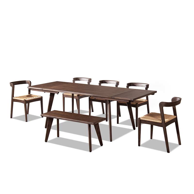 Capri Solid Oak Wood 7-Piece Extendable Leaf Dining Set Dark Brown Red Oak