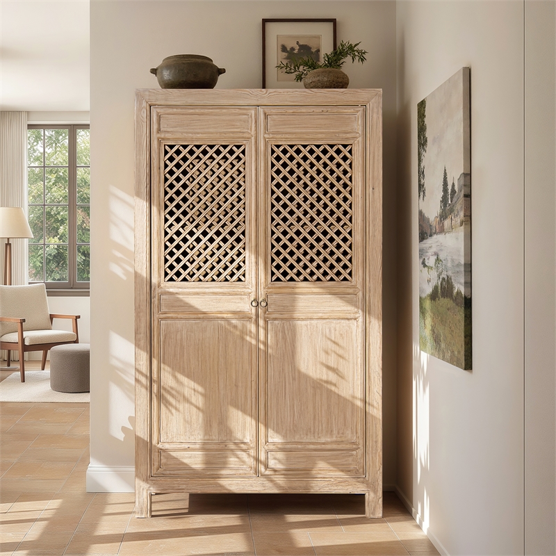 Arden 83 Tall Solid Reclaimed Pine Lattice 2-Door Bookcase Storage Cabinet Brown