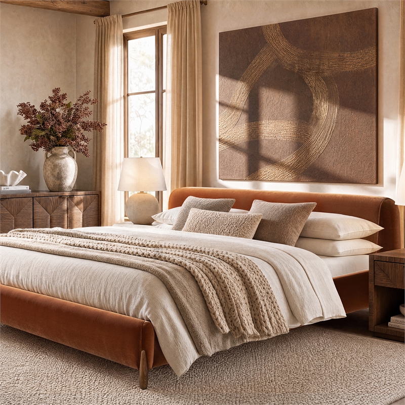 Alpine Puffy Modern Platform Bed King Burnt Orange Performance Velvet