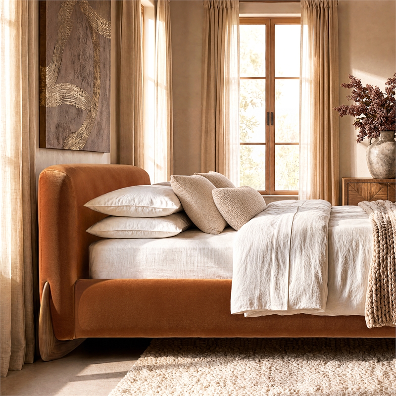 Alpine Puffy Modern Platform Bed King Burnt Orange Performance Velvet