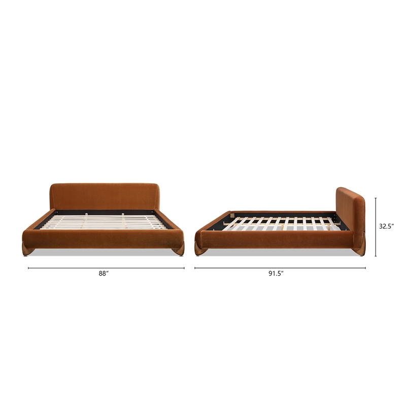 Alpine Puffy Modern Platform Bed King Burnt Orange Performance Velvet