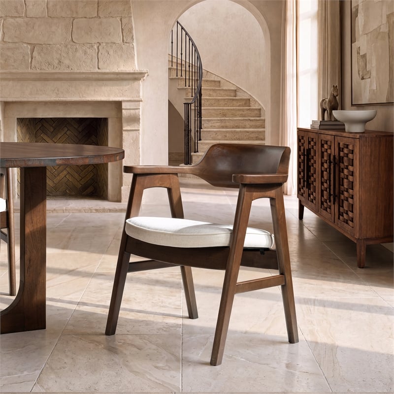 Hayes Curved Reclaimed Pine Dining Armchair Soft Light Beige Chenille