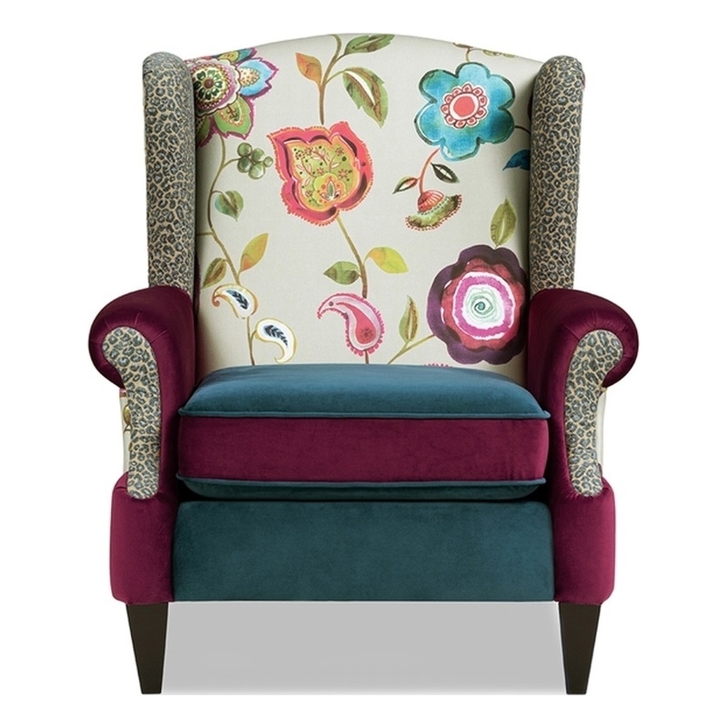 Anya Boho Chic Wingback Accent Arm Chair Teal-Blue Burgundy Floral