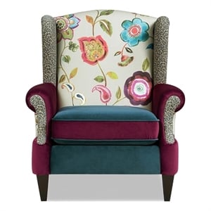 Anya Boho Chic Wingback Accent Arm Chair Teal-Blue Burgundy Floral