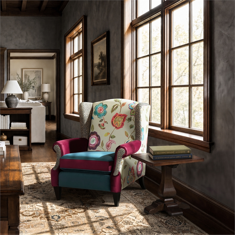 Anya Boho Chic Wingback Accent Arm Chair Teal-Blue Burgundy Floral