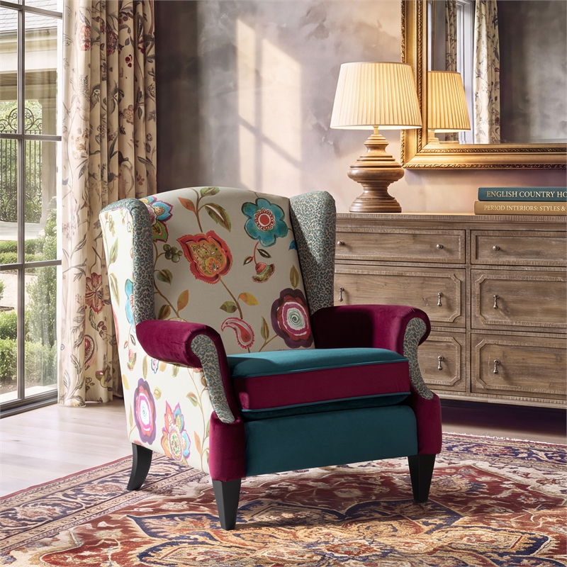 Anya Boho Chic Wingback Accent Arm Chair Teal-Blue Burgundy Floral