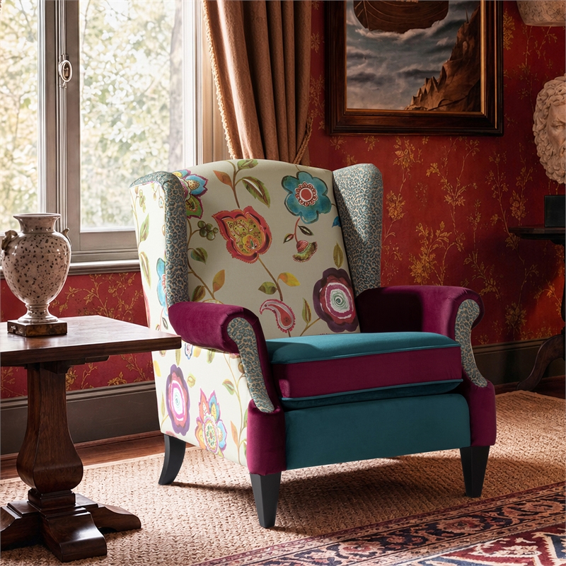 Anya Boho Chic Wingback Accent Arm Chair Teal-Blue Burgundy Floral
