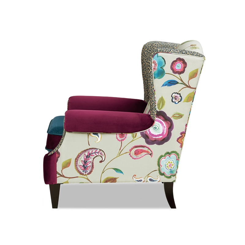 Anya Boho Chic Wingback Accent Arm Chair Teal-Blue Burgundy Floral