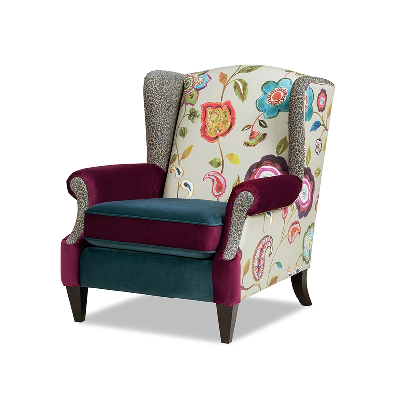 Anya Boho Chic Wingback Accent Arm Chair Teal-Blue Burgundy Floral