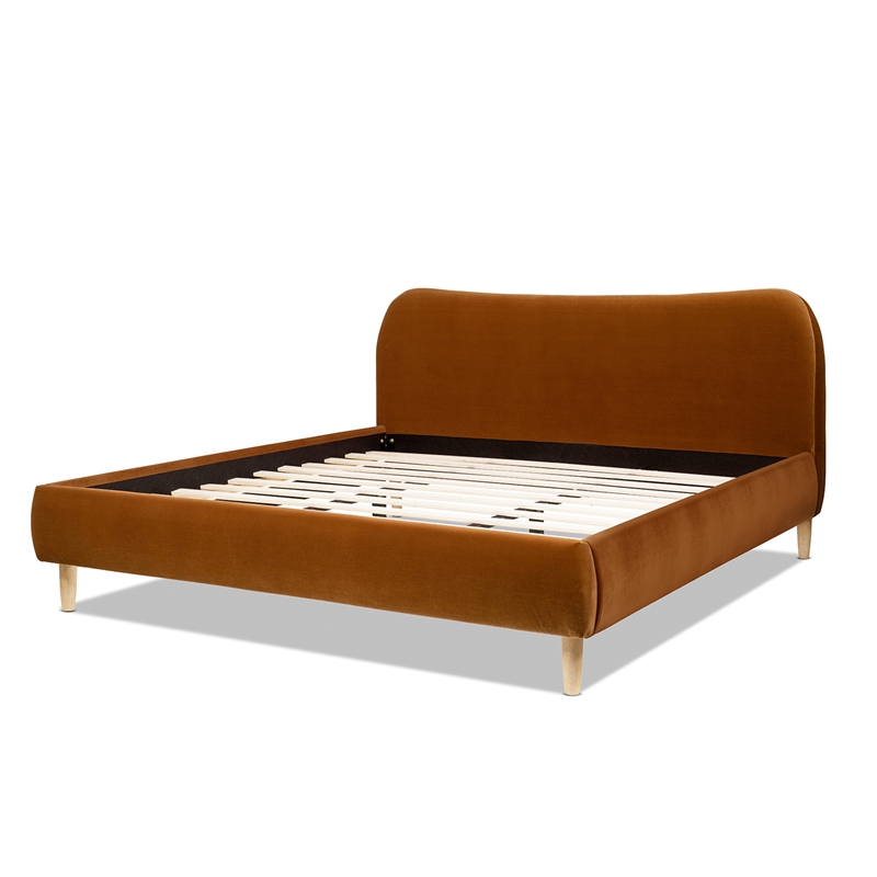 Roman Curved Headboard Upholstered Platform Bed King Burnt Orange Velvet