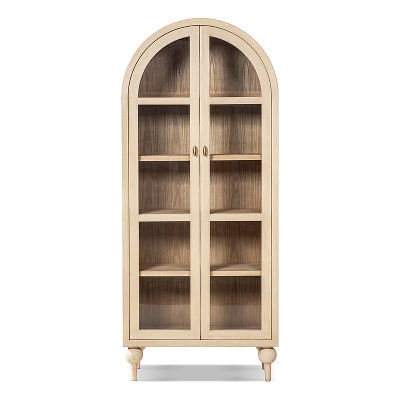 Odette Arched Reclaimed Pine Wood Glass Door Display Cabinet Brushed White