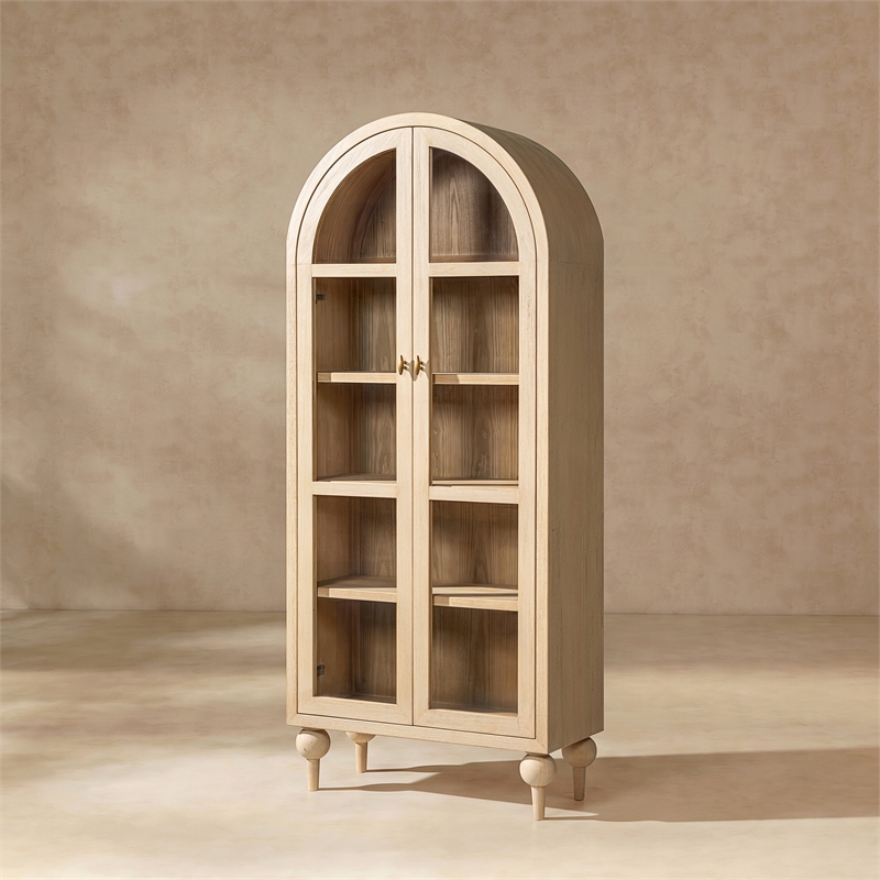 Odette Arched Reclaimed Pine Wood Glass Door Display Cabinet Brushed White