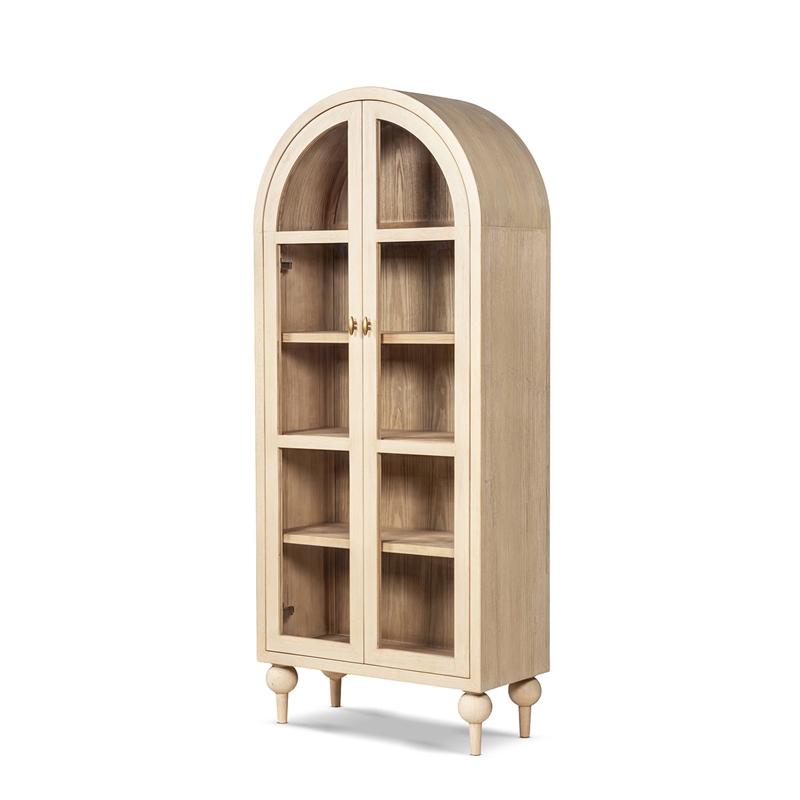 Odette Arched Reclaimed Pine Wood Glass Door Display Cabinet Brushed White