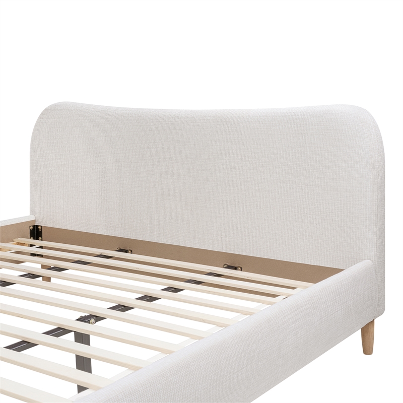 Roman Curved Headboard Upholstered Platform Bed King Light Beige Chenille