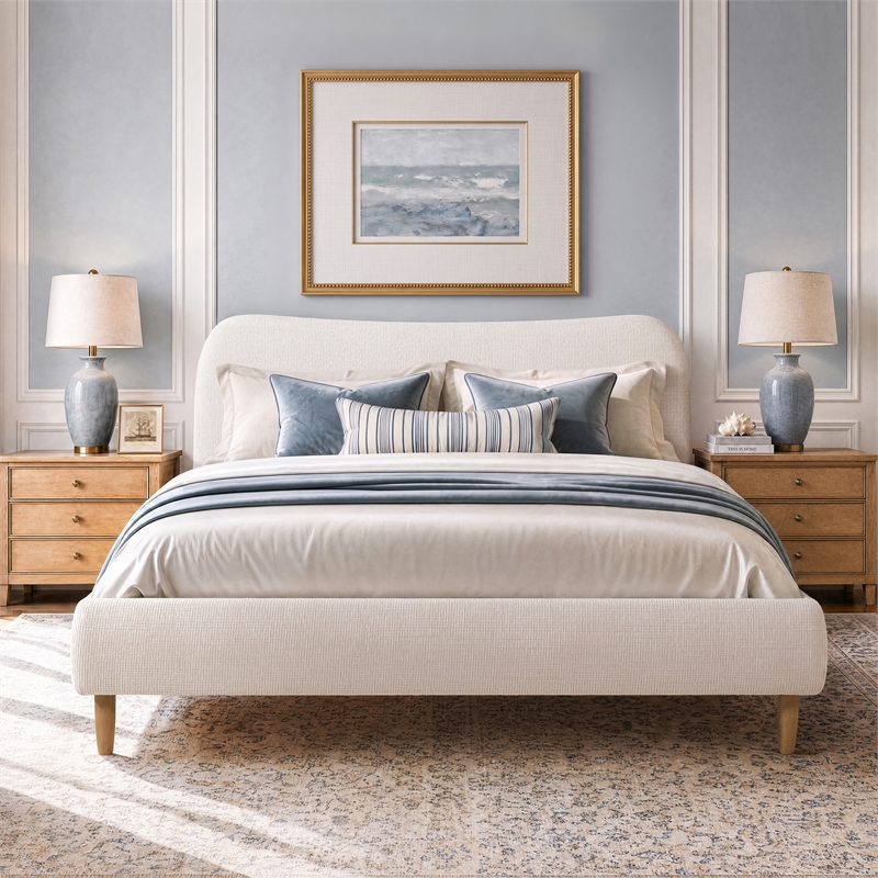 Roman Curved Headboard Upholstered Platform Bed King Light Beige Chenille
