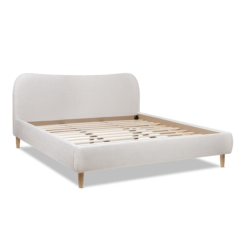 Roman Curved Headboard Upholstered Platform Bed King Light Beige Chenille