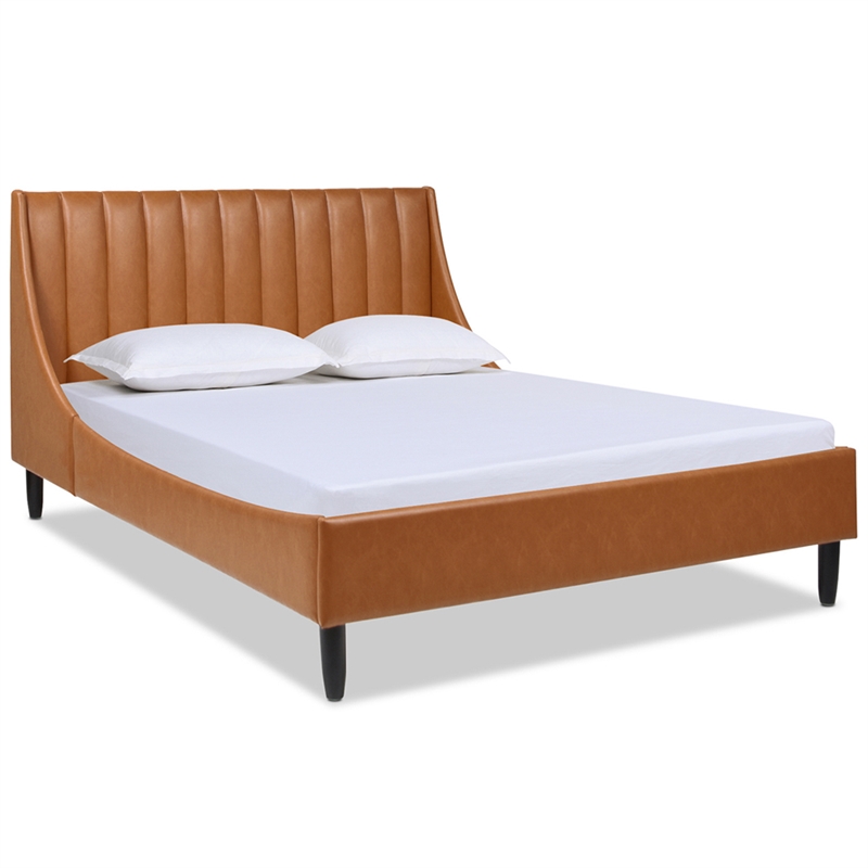 Aspen Vertical Tufted Modern Headboard Platform Bed Set Queen Caramel Tan Brown