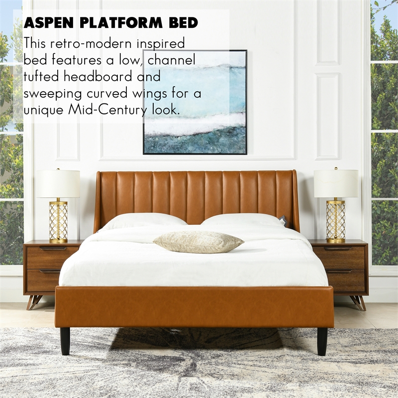 Aspen Vertical Tufted Modern Headboard Platform Bed Set Queen Caramel Tan Brown