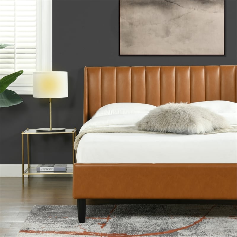 Aspen Vertical Tufted Modern Headboard Platform Bed Set Queen Caramel Tan Brown